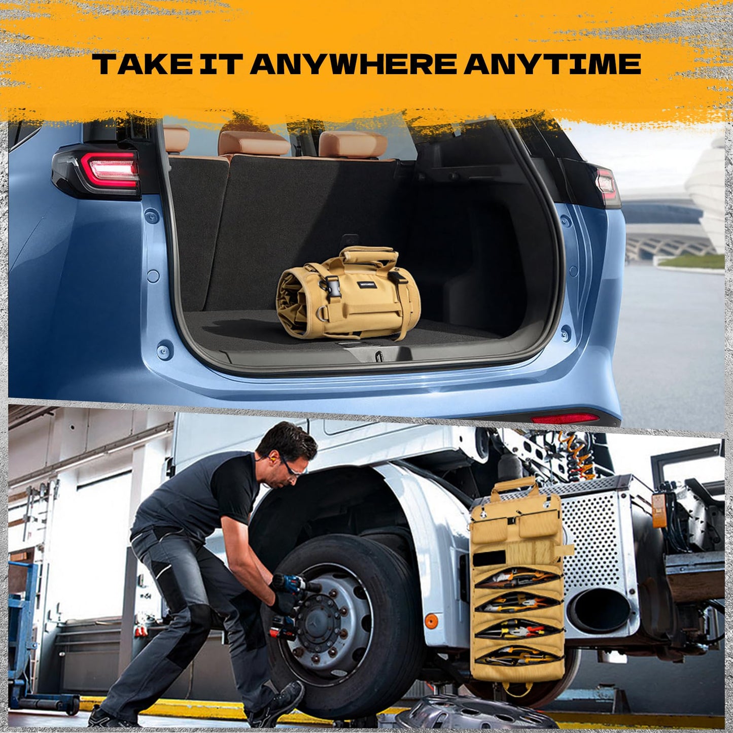 Tool Bag Roll Up Large Heavy Duty, Waterproof Oxford Fabric Tool Storage Organizer with Shoulder Strap Detachable Magnetic Wristband, Foldable Carrying Toolbag for Car Mechanic And Electrician(Khaki)