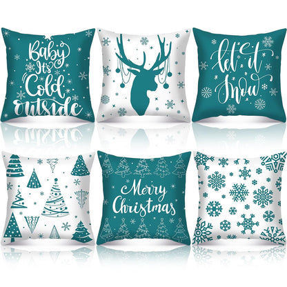 VitalCozy 6 Pcs 18 x 18 inch Christmas Throw Pillow Covers Xmas Cushion Covers Pillow Cases Snowflake Winter Throw Pillow Covers Christmas Decor for Bedroom Sofa Couch Cushion Square Home (Teal)