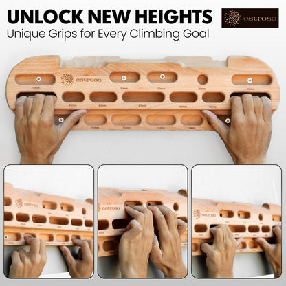 ESTROSO Wooden Hangboard - Training Hang Board with Adjustable Grip Depths, Grip Strengthener, Forearm Exerciser, Pull Ups - Climbing Fingerboard with Installation Kit