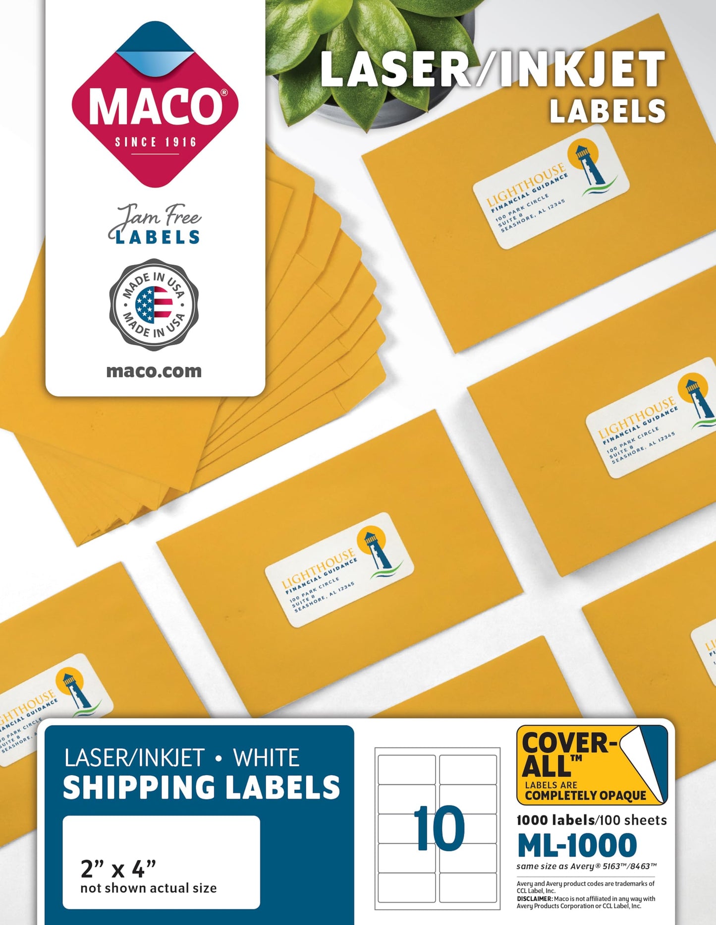 MACO Printable Labels for Shipping - Laser/Ink Jet Compatible Shipping Labels, 10 per Sheet, 2" x 4", Box of 100 Pages/1000 Labels, White