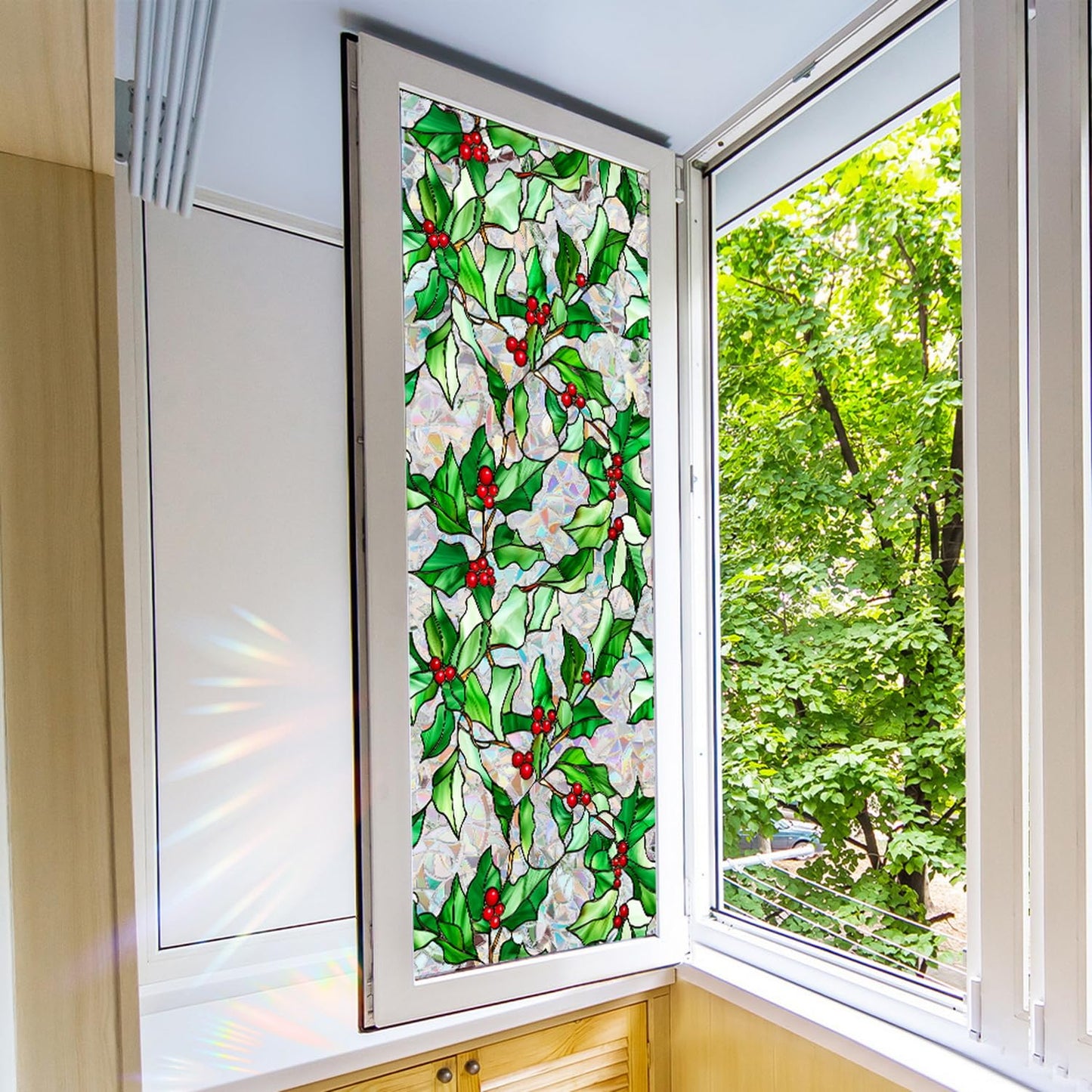 Christmas Window Film Christmas Green Window Clings DIY Glass Art Decoration Xmas Red Berry Designs Privacy Film Stained Glass Window Film Windows Sticker for Holiday Bedroom Door Decor