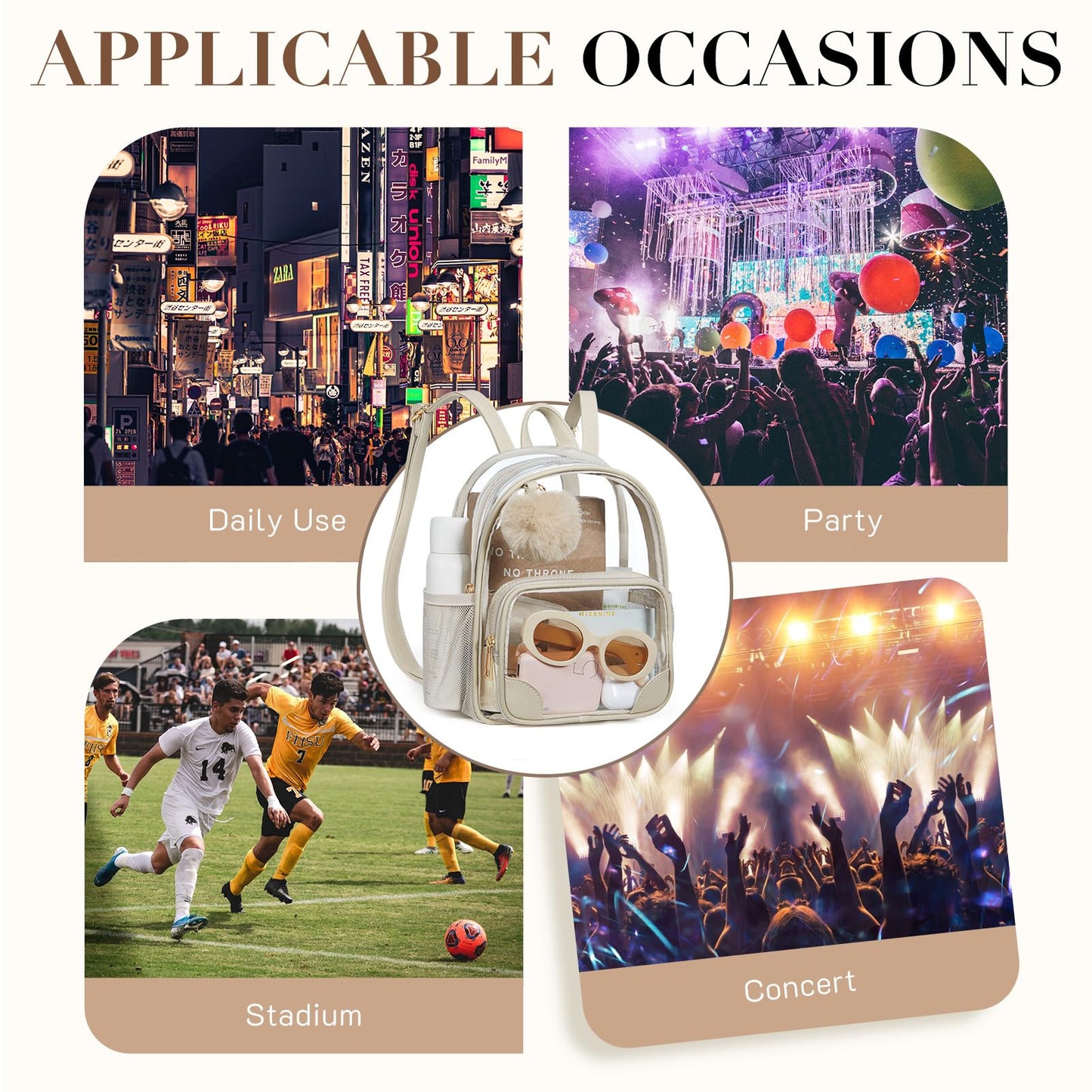 Missnine Small Clear Backpack for Stadium Events Anti-theft Mini Clear Bag for Sport Event Concert with Cute Pom-pom Ball