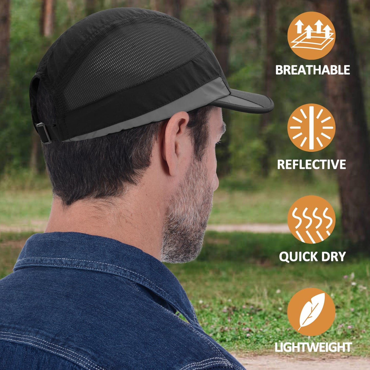 GADIEMKENSD Running Hat, Mens Outdoor Hat Unstructured Baseball Cap UPF 50 UV SPF Exercise Run Caps Reflective Breathable Light Sun Hats Quick Dry Mesh Summer Sports Hat Cap Men Woman Under 10 Black