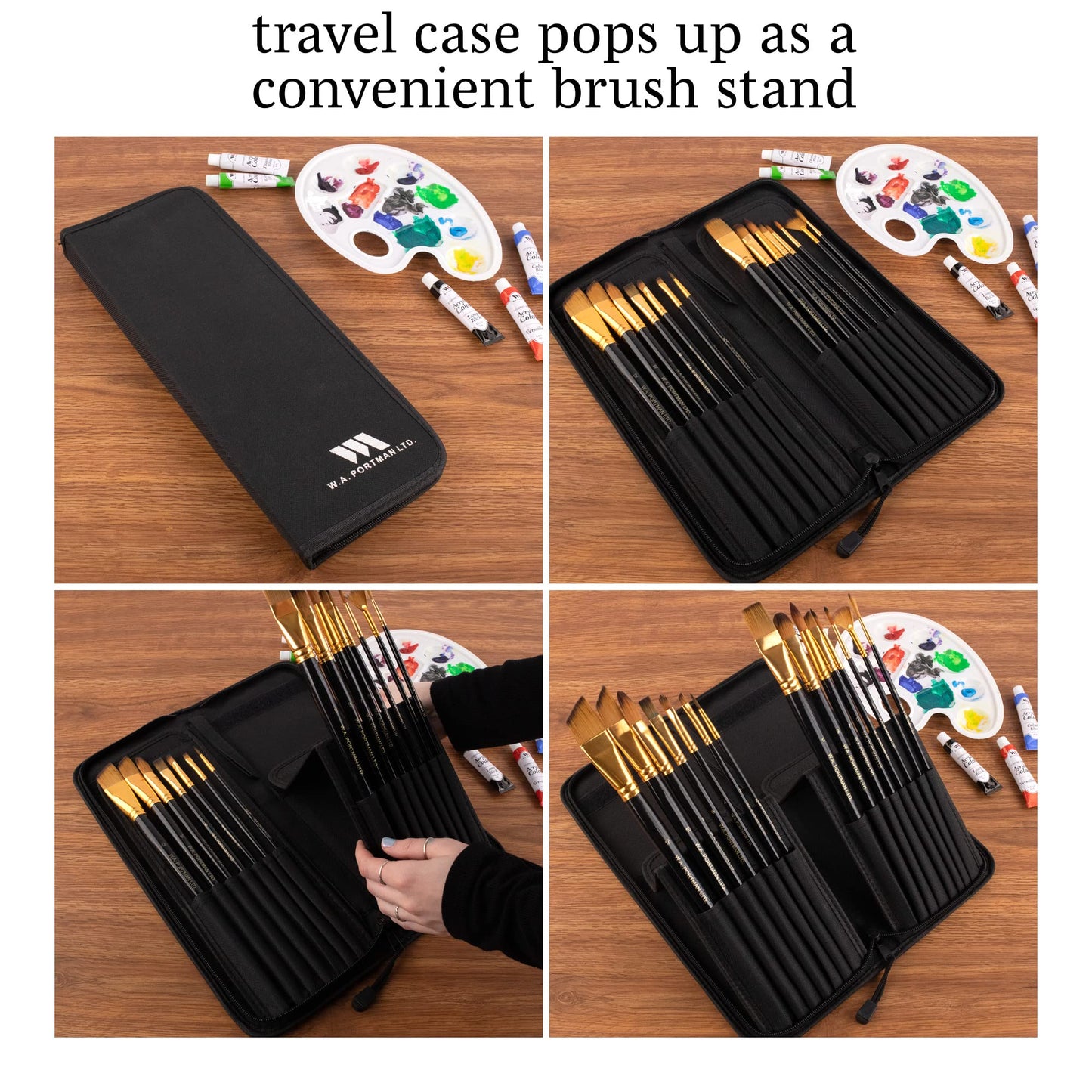 WA Portman 15-Pc Professional Paint Brush Set – All-Purpose Artist Tools for Acrylic, Watercolor, Gouache, and Oil Paint Brushes Set – Durable Canvas Painting Kit with Portable Zip-Up Case