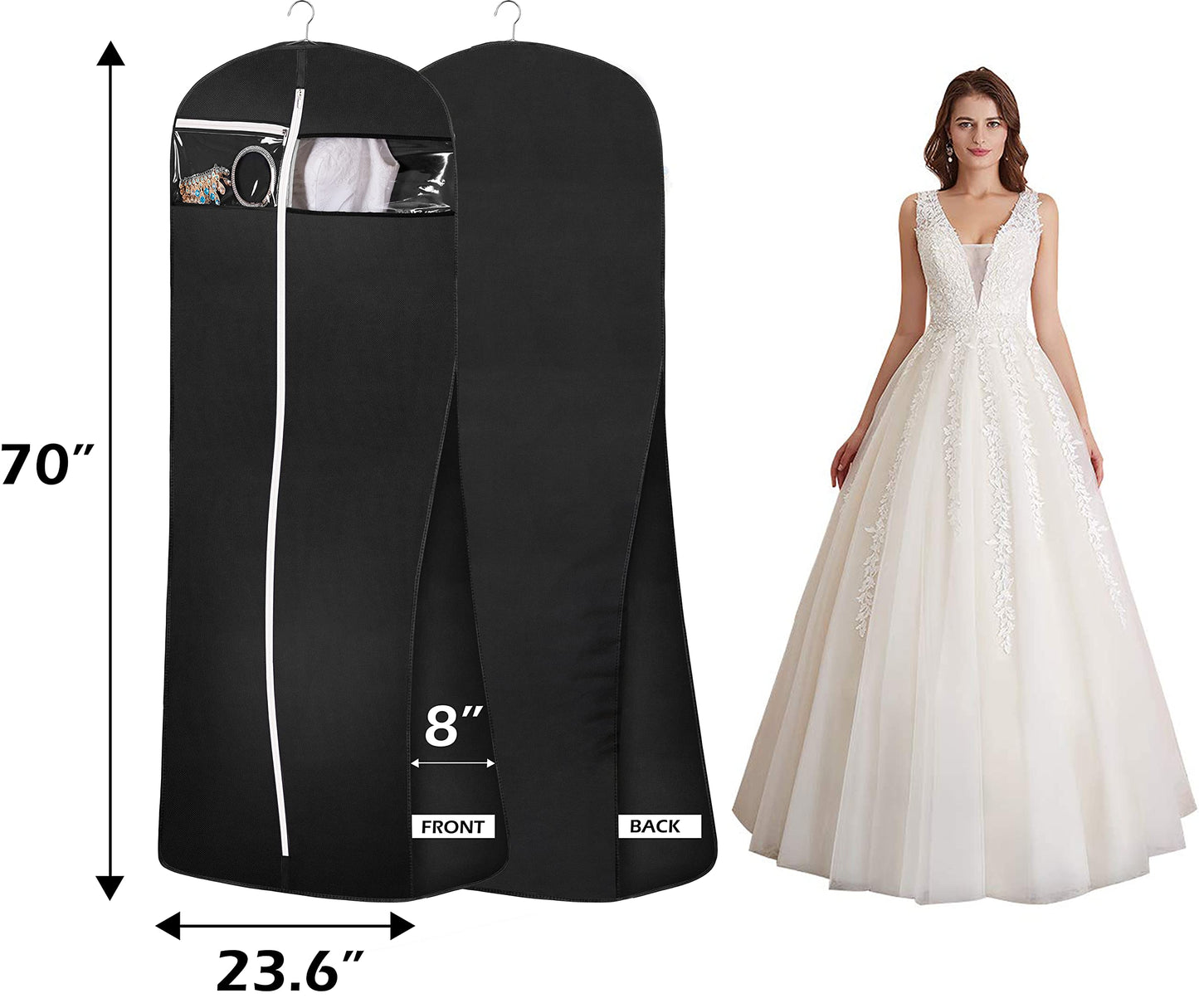 MISSLO 70" Bridal Wedding Gown Dress Garment Bag with Accessories Pouch Large Travel Garment Cover 8" Gusset (Black)