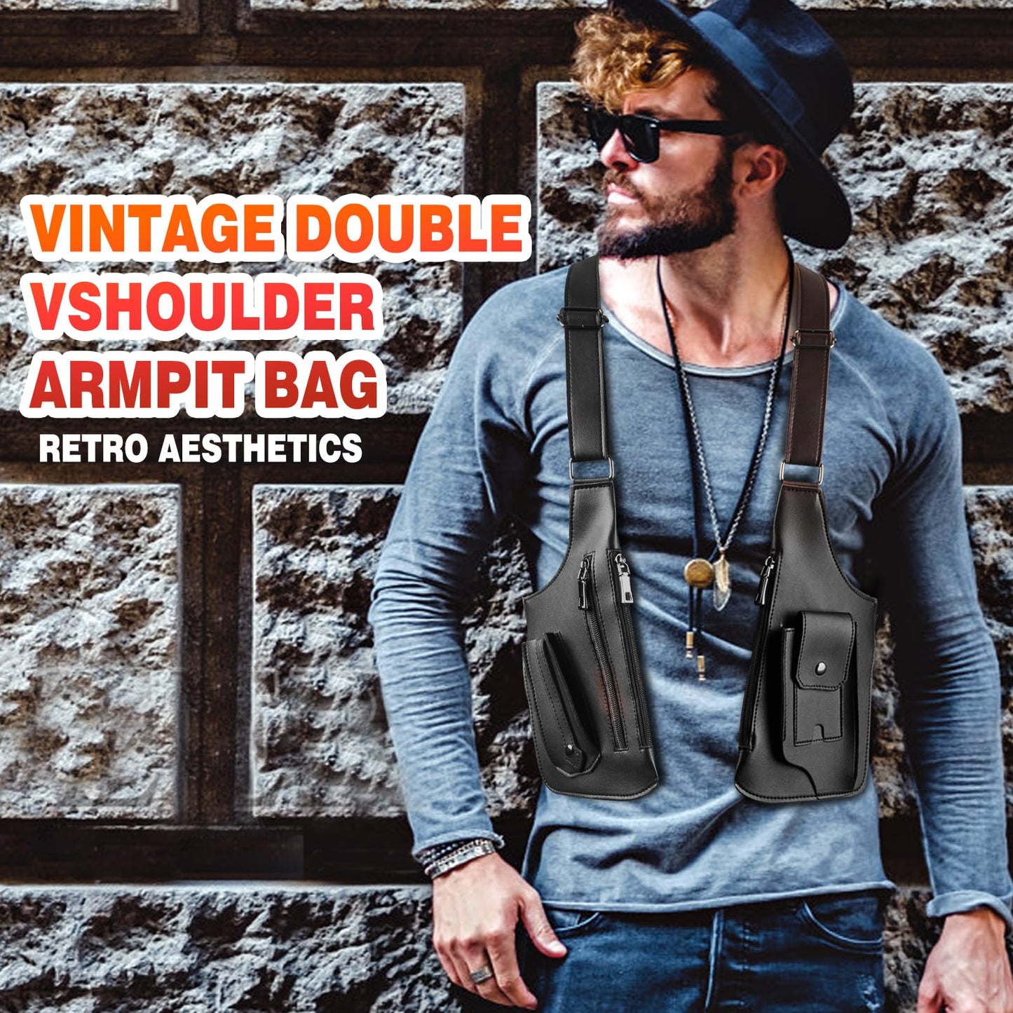 BIFENGSHUNCAI Double Shoulder Armpit Bagm, Mens Leather Shoulder Holster Bag with Anti-Theft Hidden Adjustable Strap Holster, Multi-Pocket Outdoor Water Resistant Crossbody Pack (Black)
