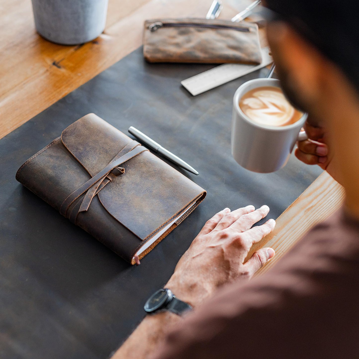 Moonster Leather Journal Refillable Notebook - Writing Journals for Women, Mens Cover with Pen, Bound Lined Paper A5 Travelers Diary, Travel by , Dark Brown