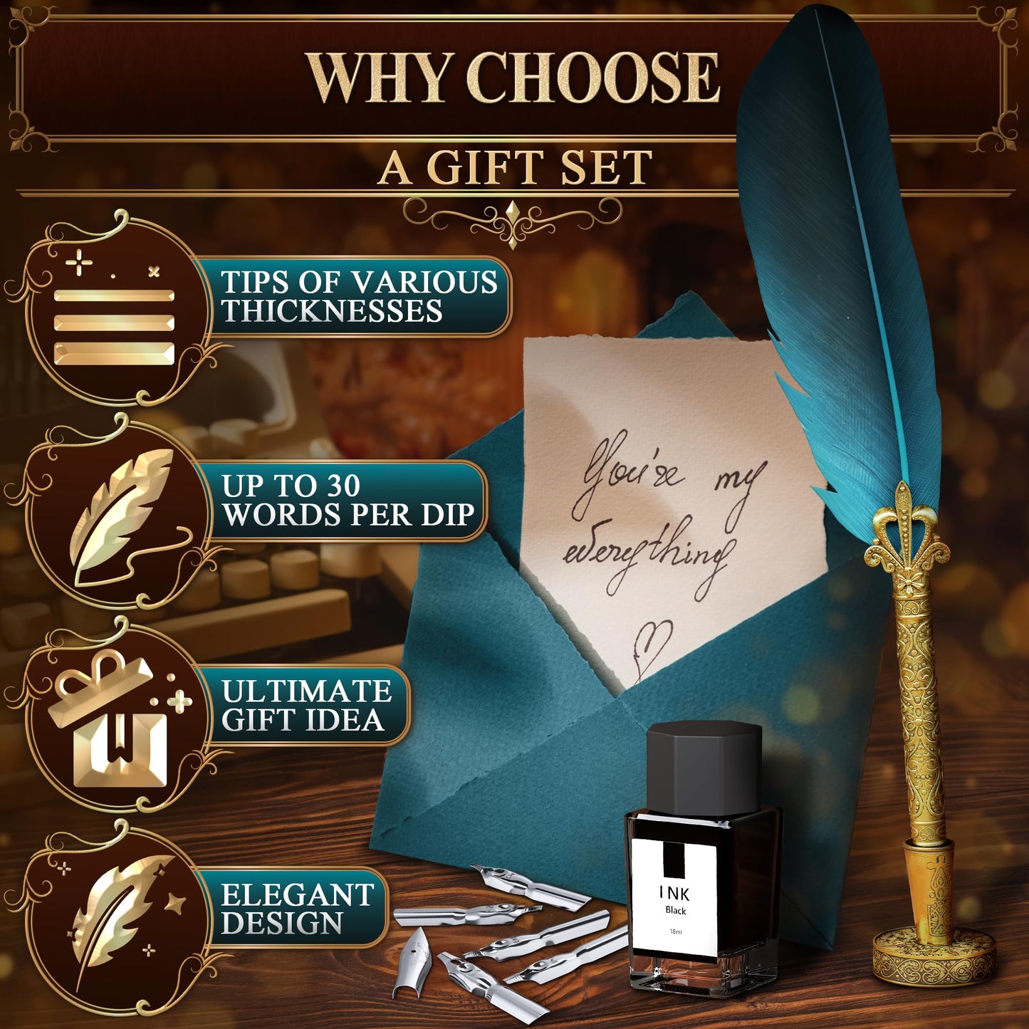 Vintage Feather Quill Pen and Ink Set - Elegant Blue Feather Pen and Ink Set for Signatures, Writing, and Drawing - Calligraphy Kit with Stainless Steel Nib for Beginners and Calligraphy Enthusiasts
