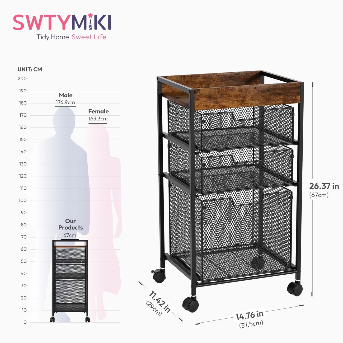 SWTYMIKI Rolling File Cart with Drawers - 4 Tier Under Desk Storage Craft Rolling Organizer Cart - Office Storage &Organization, Mobile Metal Filing Cabinet for Office and Home Espresso