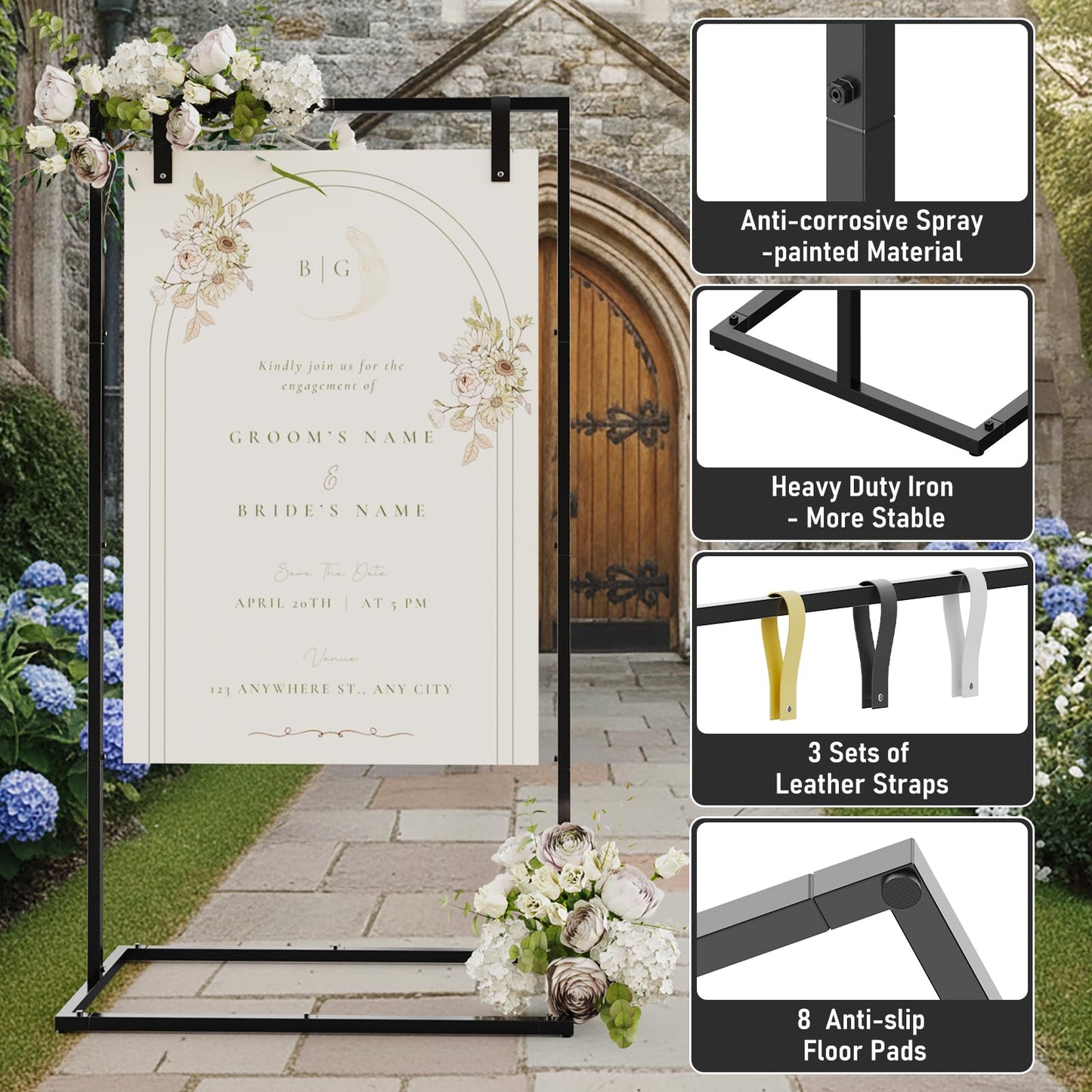 HzTinT Wedding Sign Stand, Adjustable Wedding Welcome Sign Stand with Carry Bag, Leather Hanging Straps, 8 Floor Pads - Black Easel Stand for Seating Charts & Wedding Decor