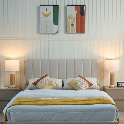25.75” Rattan Ceramic Lamps for Living Room Set of 2, Farmhouse Table Lamp for Nightstand, White Lamps Set of 2 for Bedroom, Boho Ceramic Table Lamp for End Table