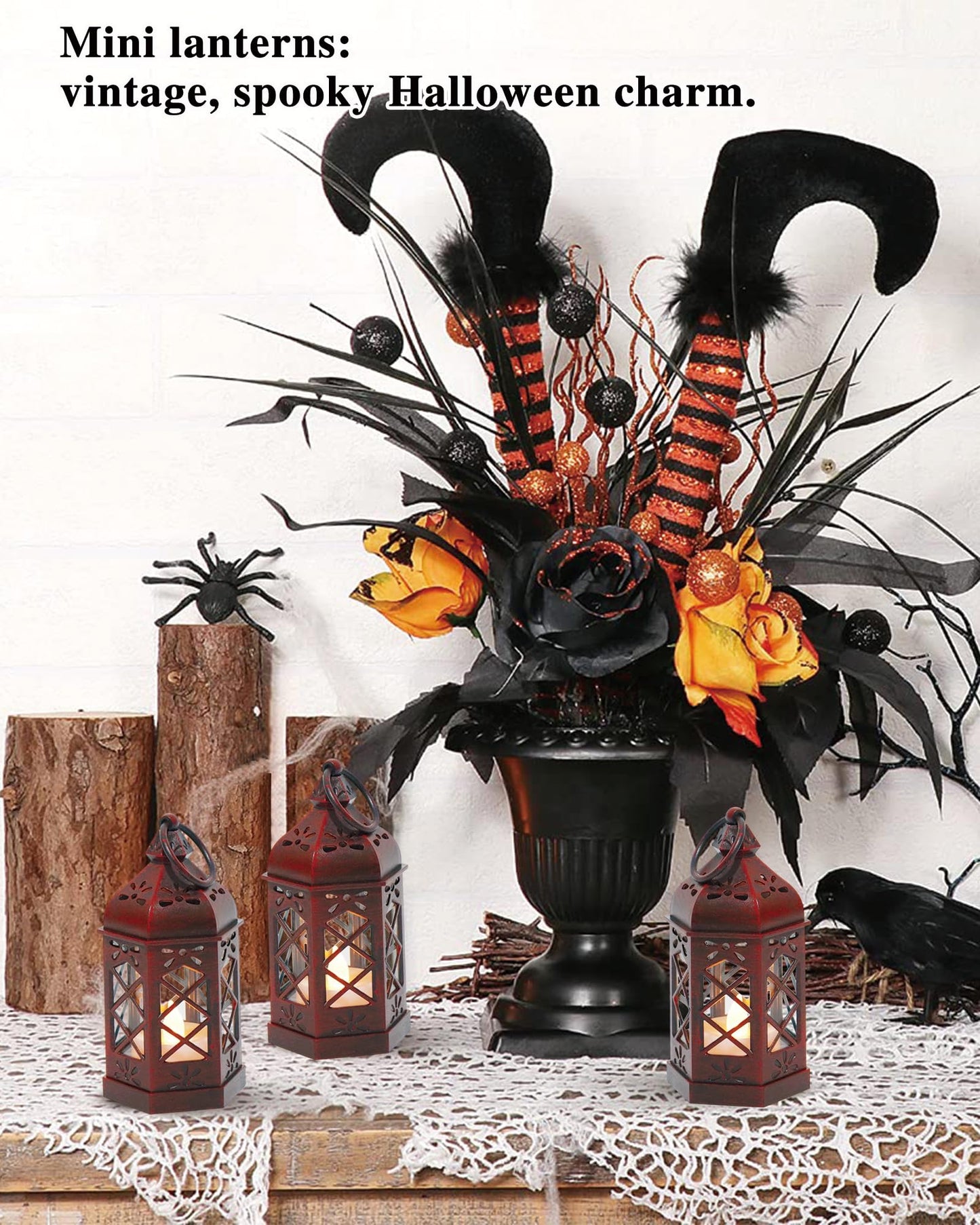 Reperla 8-Pack Mini Lanterns for Ramadan, Wedding, Festivals, Small Decorative Lanterns with LED Candle for Baby Shower Party, Moroccan Lantern for Table Centerpiece, Medieval Decor, Red Brushed