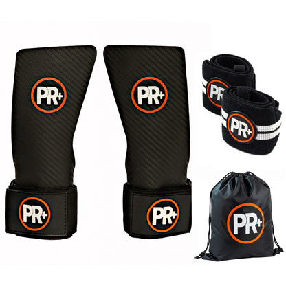 PR+ Triple Layer Chalk Free No Hole Gymnastics Grips + 18" Lifting Wrist Wraps Set – Hand otection & Wrist Support for Crossfit, Cross Training, Weightlifting, WOD (Medium)