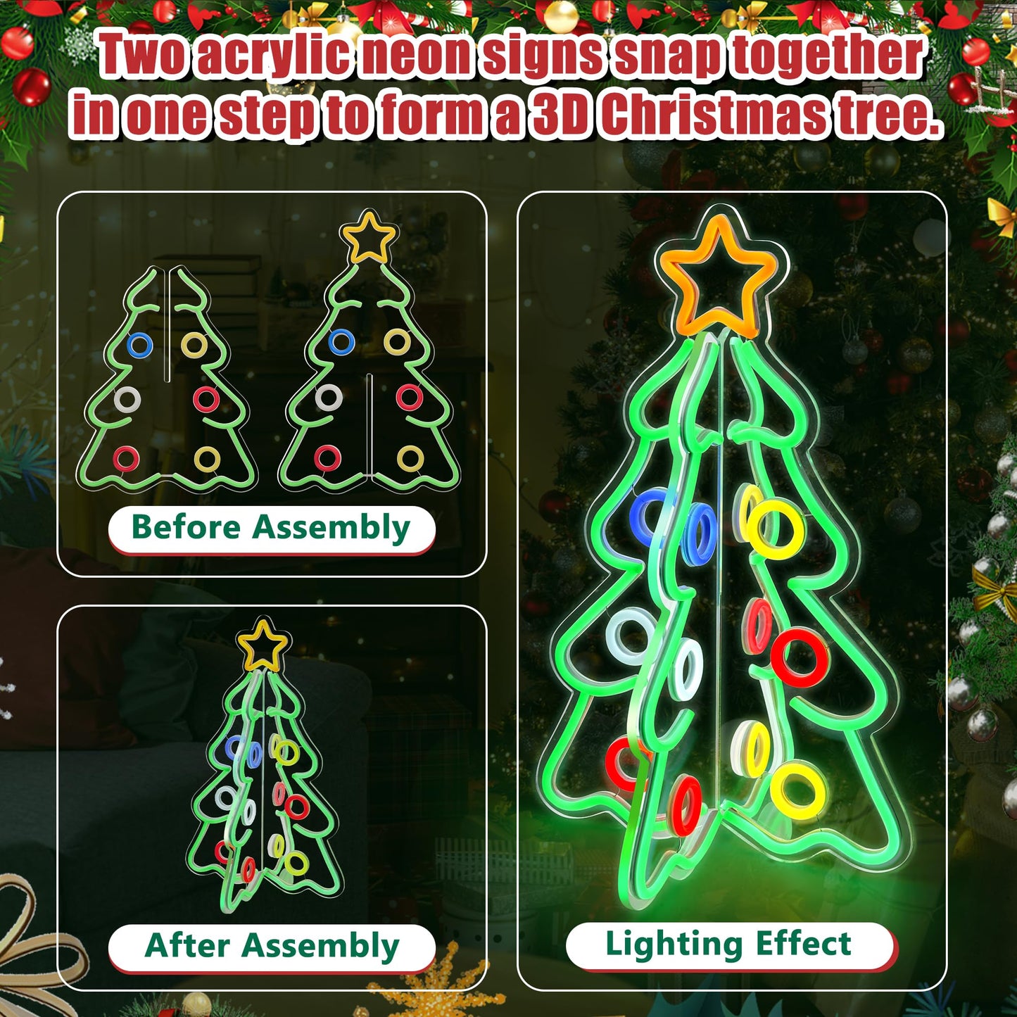 Lumavere Easter Neon Signs, 3D Acrylic LED Tree Light with Adjustable Brightness, Tabletop Holiday Decoration for Indoor & Outdoor, USB Powered, 2-Piece Easy Assembly Christmas Tree Festival Gifts