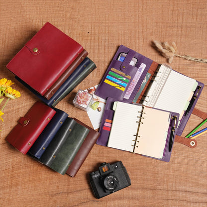 Wonderpool A6 Binder Journal Leather Spiral Notebook Refillable College Ruled Paper, Budget Binder Rings Diary Organizer with Pen for Office School Travel Business Planning Writing (Purple,A6)