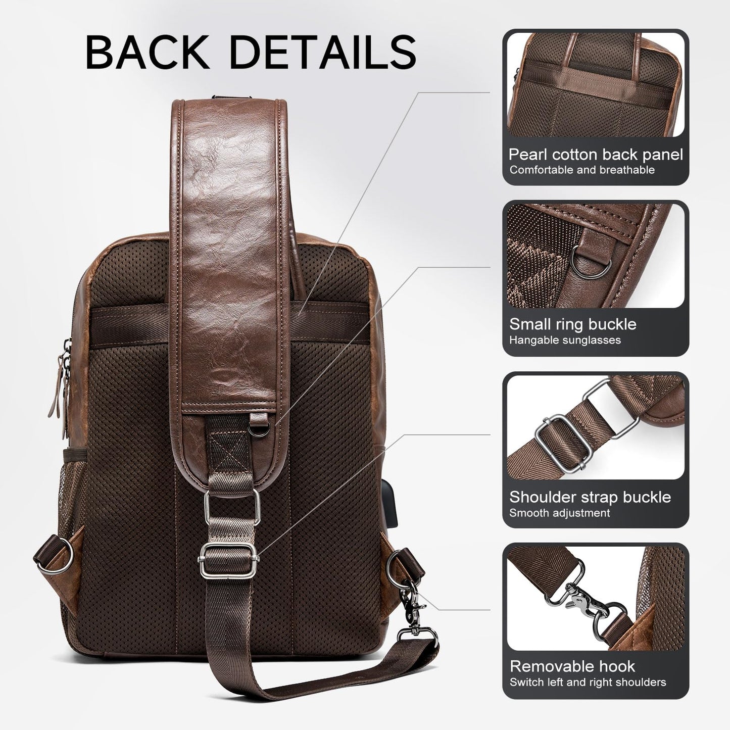 MOYYI EDC Crossbody Bag for Men Leather Sling Bag, Tactical Chest Bag with USB Charging Port, 7L Small Casual Daypacks for Travel