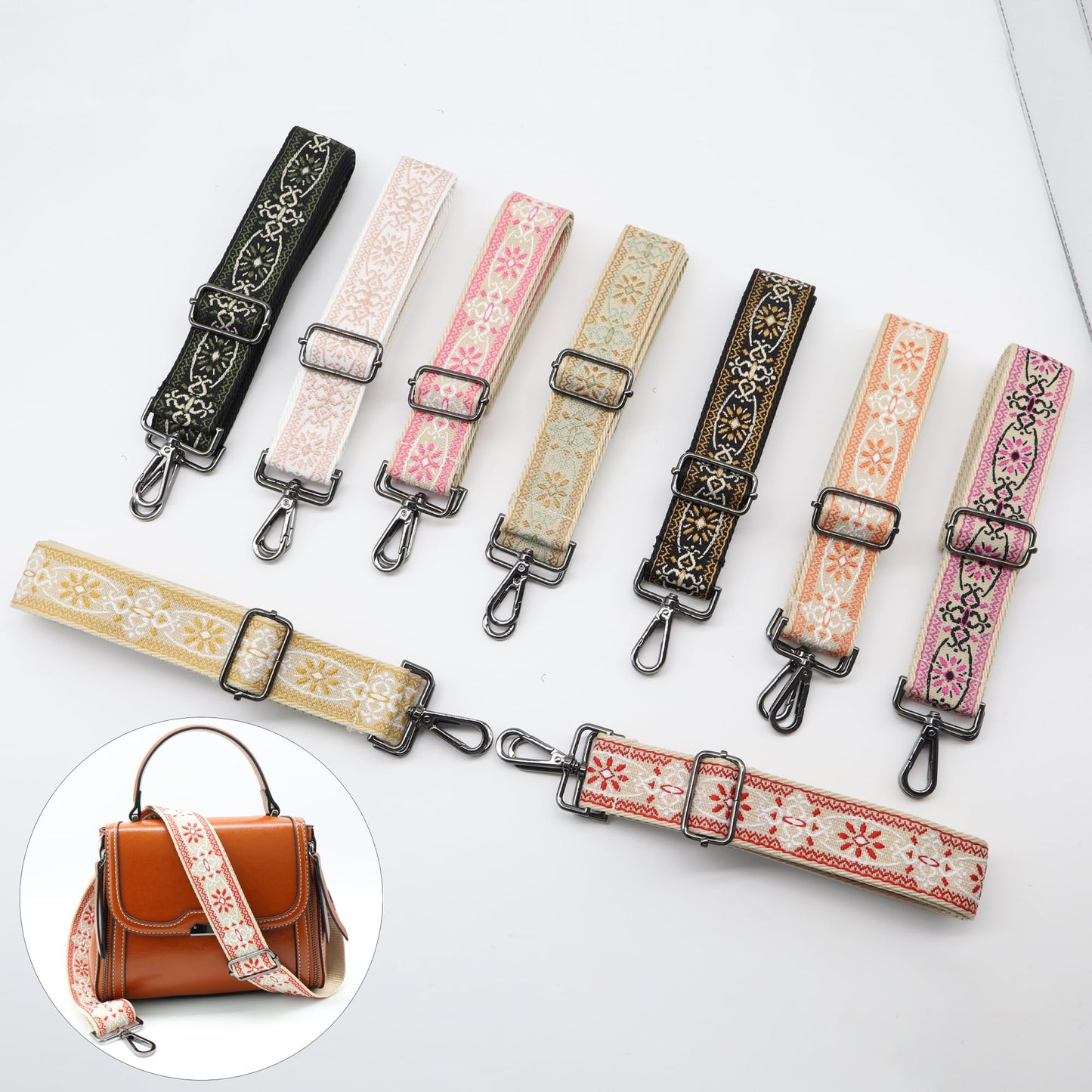 LEMEDE Purse Strap Adjustable Replacement Crossbody Bag Strap Retro Jacquard Embroidery Shoulder Straps for Canvas Bag
