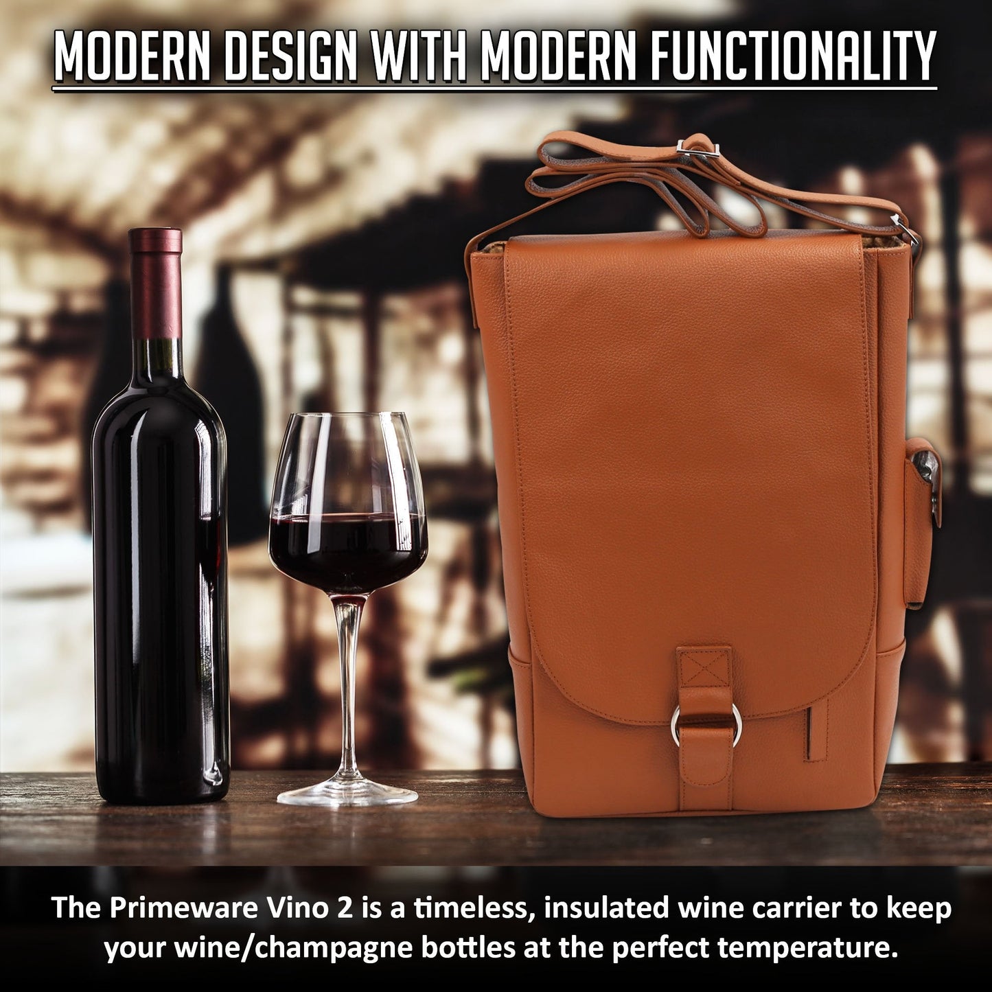 Primeware Vino2 Two Bottles Saddle Leather Wine Tote Messenger Carrier (Brown)