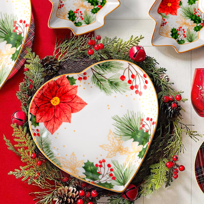 8 Inch Heart Shape Plate with Christmas Pattern, Ceramic Tray for Serving Appetizer, Cake, Candy and Holiday Dishes, for Holiday Table, Christmas Party or Festival Celebrations, Set of 2, Red Berries