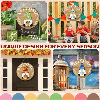 Qunclay Interchangeable Wooden Gnome Decor Holiday Seasonal Gnome Decorations with Magnet Pieces and Detachable Hats Changeable Welcome Sign for Home(Delicate Style)