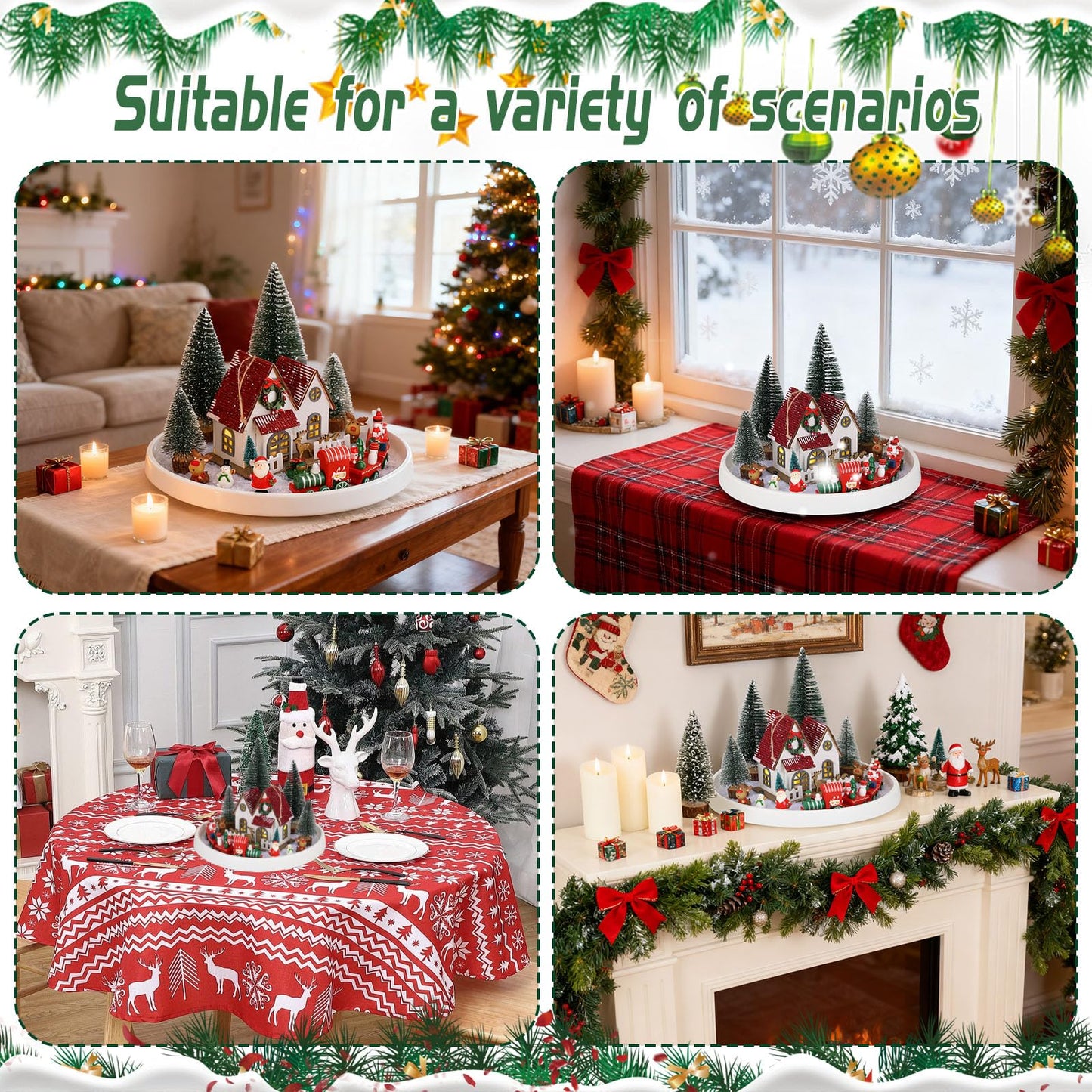 17 Pcs Christmas Centerpieces for Tables - Winter Tray Decor Set - Christmas Winter Table Top Decor Set with Ornaments - Santa Trees Train Snowman Holiday Centerpieces