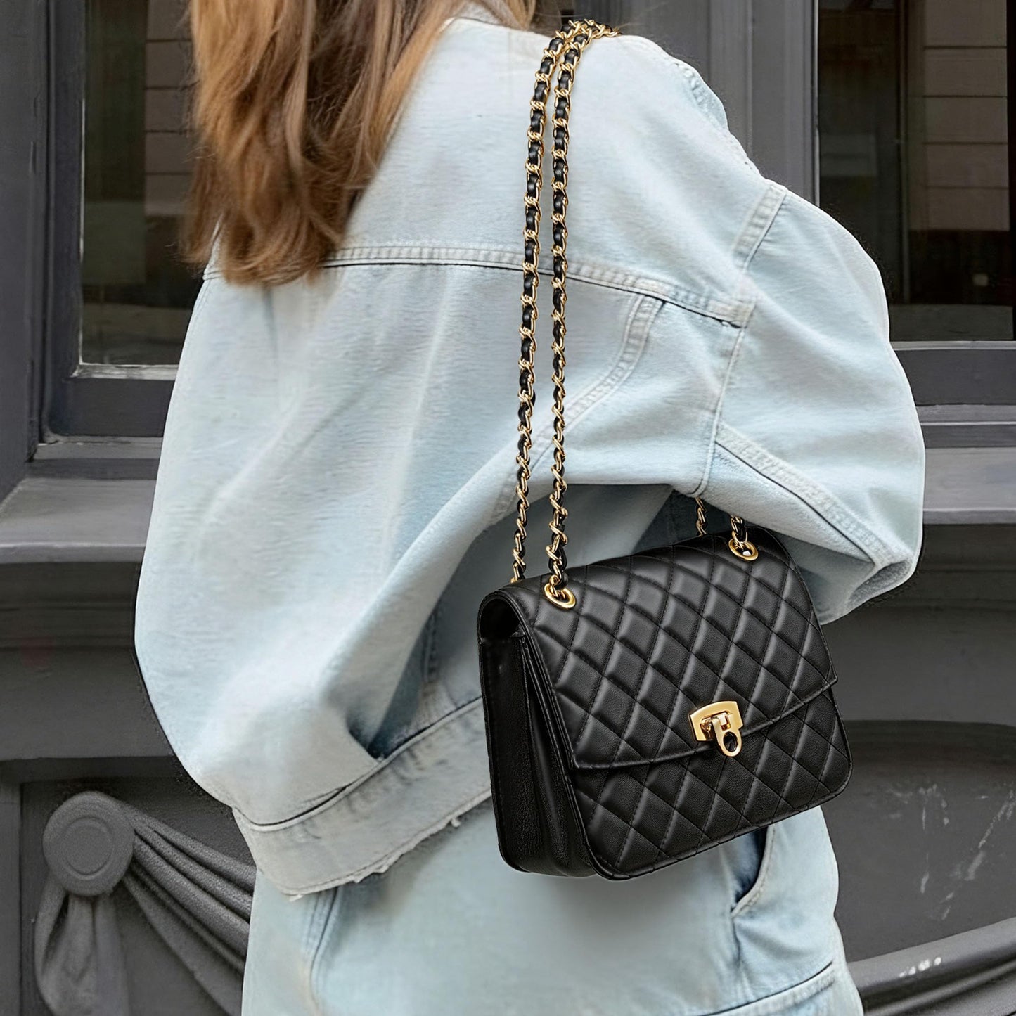 GEMIU Quilted Crossbody Purse for Women Small Women's Shoulder Handbags Womens Clutch Purses with Gold Chain Dressy Black