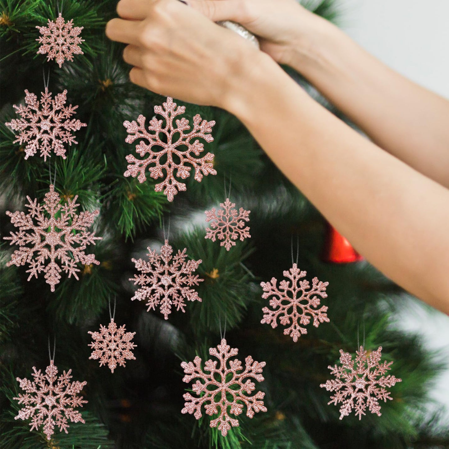 36pcs Christmas Rose Gold Snowflake Ornaments Plastic Glitter Snow Flakes Ornaments for Winter Christmas Tree Decorations Size Varies Craft Snowflakes