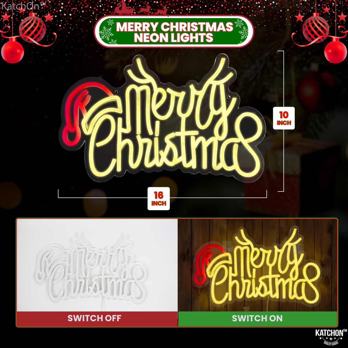KatchOn, Large Merry Christmas Neon Signs - 16x10 Inch | Window Christmas Decorations Indoor | Xmas Party Decorations, Holiday Decor | Santa Hat Sign USB Powered LED Lights