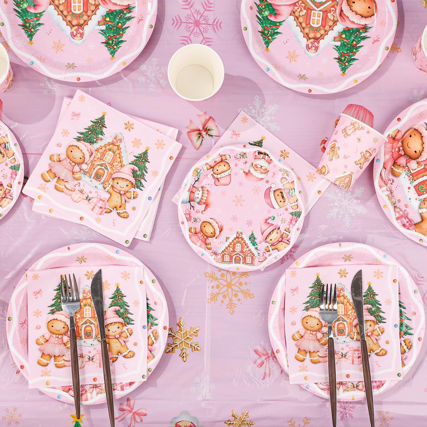 Arosche Christmas Gingerbread Party Decorations Set for 24-Disposable Paper Plates and Napkins, Cups, Garland, Tablecloths, Merry Christmas Party Supplies for Xmas Winter Birthday Table Decor