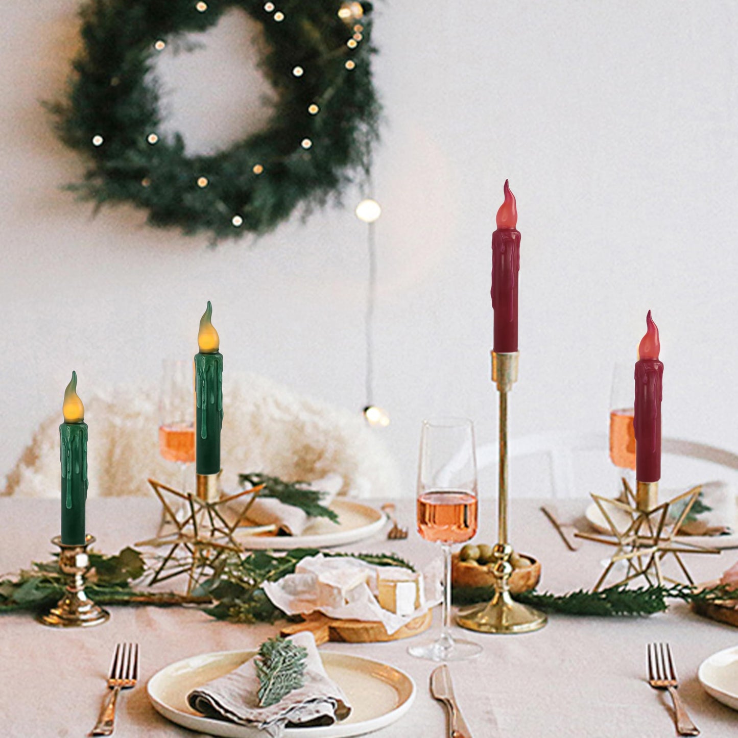FCMSHAMD Christmas Red Green Flameless Short Taper Candles, Real Wax Hand Dipped LED Battery Operated with Remote, Flickering Flame Lights for Home Décor, 6.7 Inch Primitive Flameless Candles, 4PCS