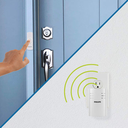 Philips Wireless Doorbell Kit, Plug-In Reciever, 2 Push Buttons, 8 Melodies, 4 Volume Levels, 150 Ft Range, White, DES2280W/27