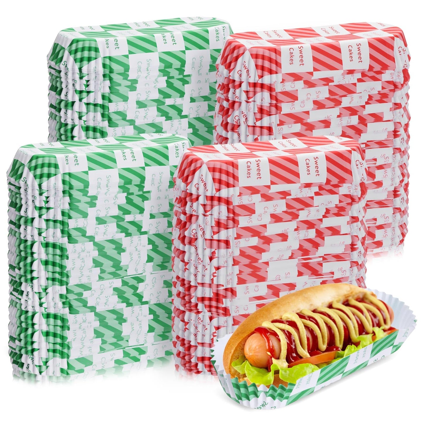 Yinkin 300 Pcs Paper Hot Dog Trays Valentine's Day 6 Inch Food Trays Concession Stand Supplies Disposable Hot Dog Holder Paper Hotdog Boats Rectangular Liners for Christmas Party(Green Red,Checkered)