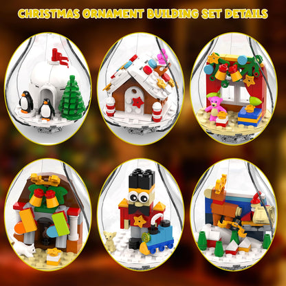 6 Pack Christmas Tree Bulb Ornament with Light Building Set, Including Gingerbread House, Penguin House, Christmas House, Fireplace, Nutcracker, Reindeer, Stocking Stuffer Toy Gifts for Kids.(405PCS)