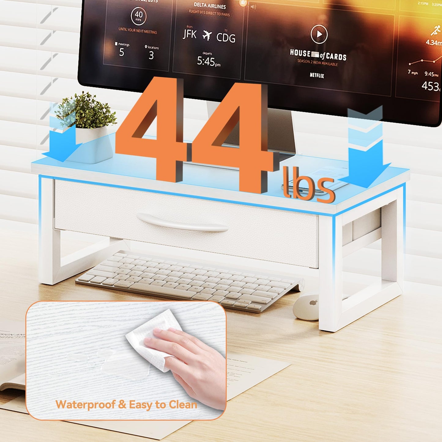 HEWORLIF Desk Organizers and Accessories, Computer Monitor Stand Riser with Drawer, White Laptop Stand for Desk with Storage, Office Organization, Wood