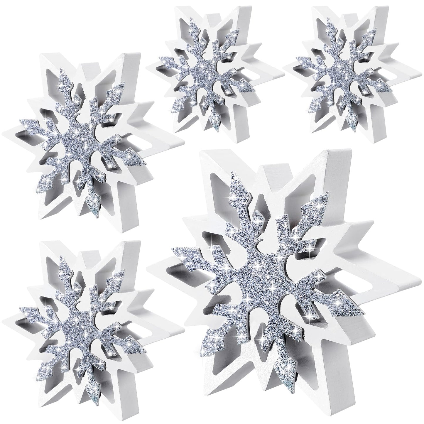 Suzile 5 Pcs Large Christmas Thick Wooden Snowflake Decorations Winter Glitter Snowflake Wood Ornaments Farmhouse Centerpieces Table Signs for Xmas Home Office Table Mantel Fireplace Shelf