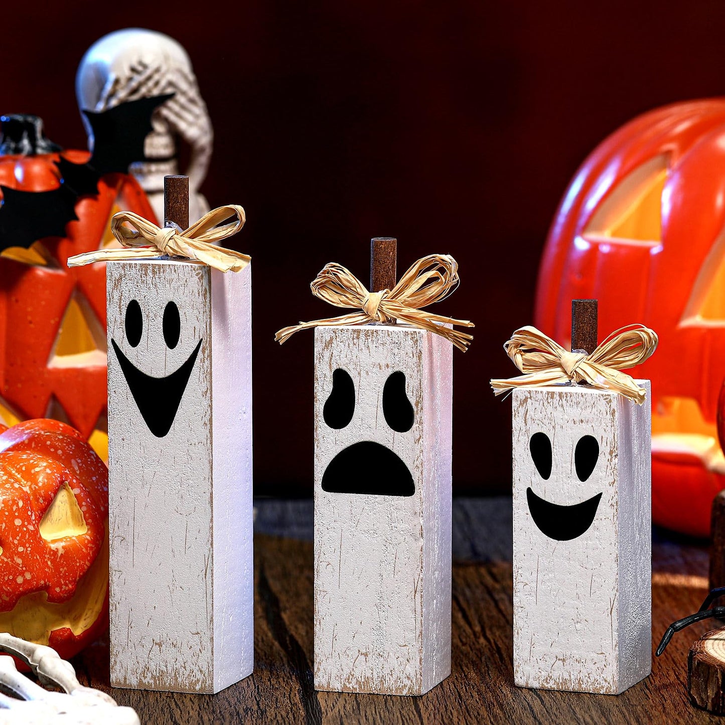 Amyhill 3 Pcs Halloween Table Decoration Wooden Ghost Block Sign Halloween Tiered Tray Decor Rustic Spooky Tabletop Centerpieces for Home Office Mantel Fireplace Shelf Party Decorations Holiday Gift