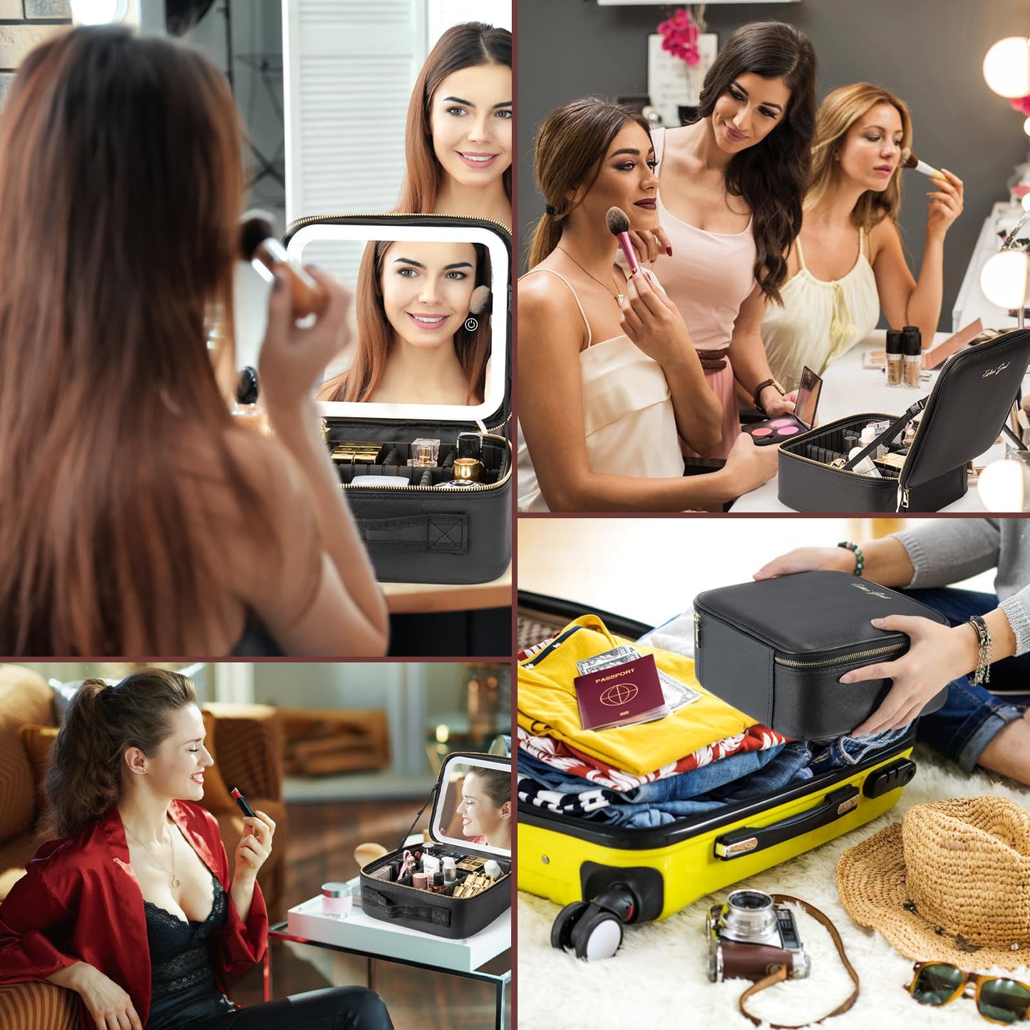 Extrei Gent Makeup Travel Train Case with Mirror LED Light 3 Adjustable Brightness Large Cosmetic Bag Portable Storage Adjustable Partition Waterproof Makeup Brushes Make up Jewelry Gift for Women