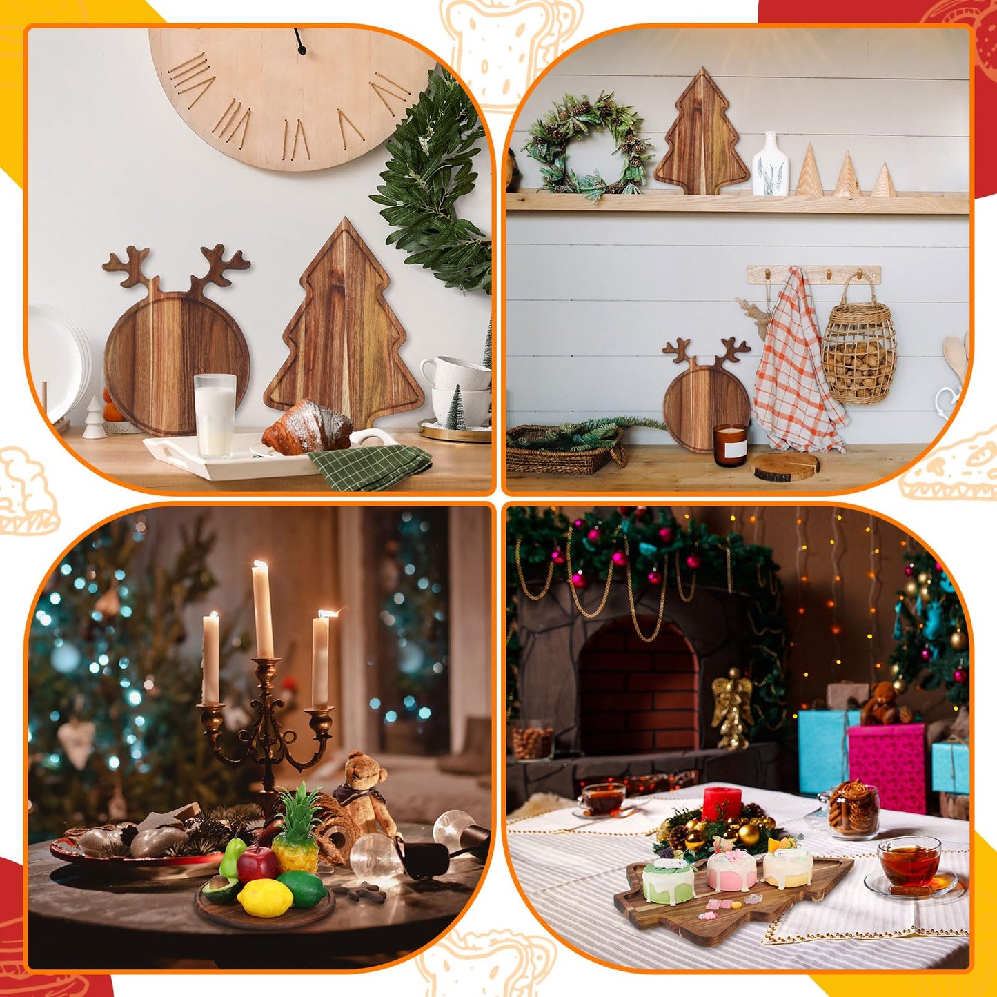 Umigy 2 Pcs Christmas Charcuterie Boards Christmas Tree Wooden Cutting Board with Handle Antler Acacia Wood Cute Cutting Board for Cheese Fruit Bread Salad Vegetables Snack Dessert
