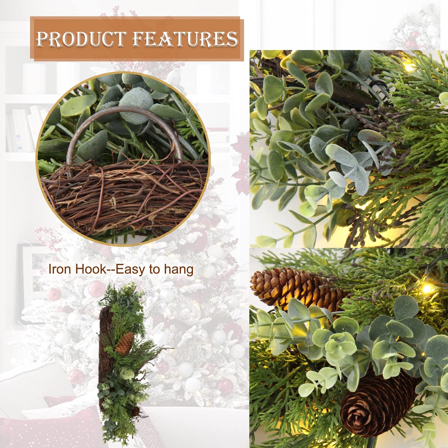 Pre Lit Christmas Wreath for Front Door Green Wreath Decorated with Pine Cones,Berry Clusters, Abundant Fit Branches 18” Lighted Christmas Wreaths for Windows Winter Wreath Hanging Wall Decor