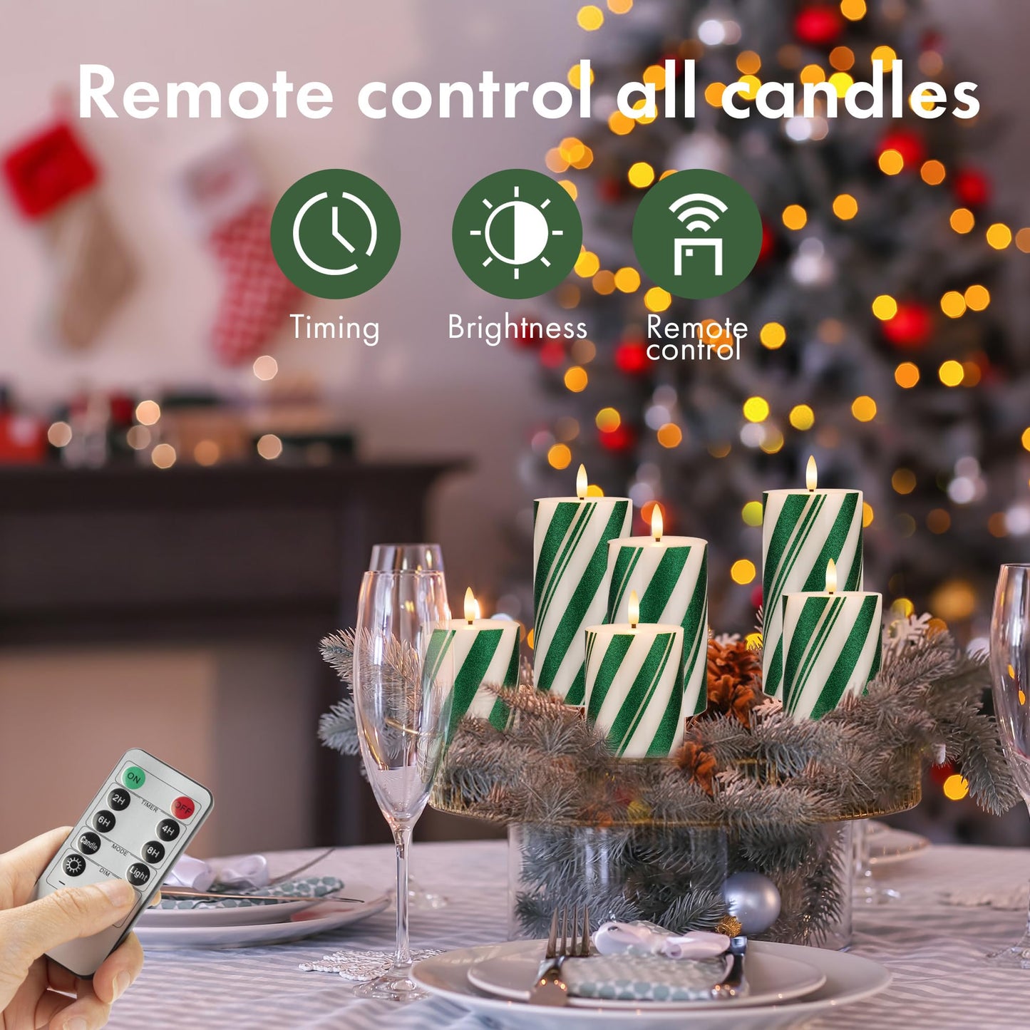 AFINETH Candy Cane Stripe Flameless Candles with Remote, Green Battery Operated Pillar Candles Real Wax, Flat Top Flickering Christmas LED Candle Decorations for Xmas, Home, Party Decor, Set of 3