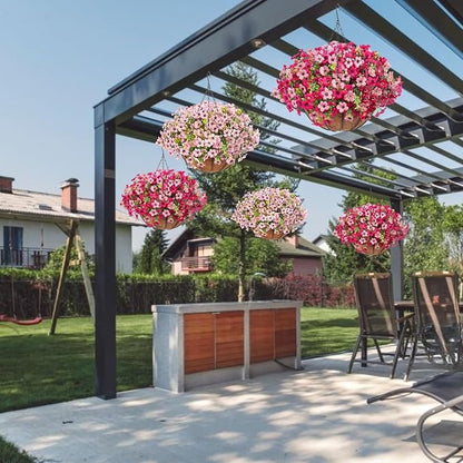 Artificial Hanging Faux Flowers Basket, Fake Silk Daisy Eucalyptus Plants Arrangement,for Spring Summer Outdoor Decoration,UV Resistant, Coconut Planter,Look Real for Home Garden Décor (Rosered Pink)