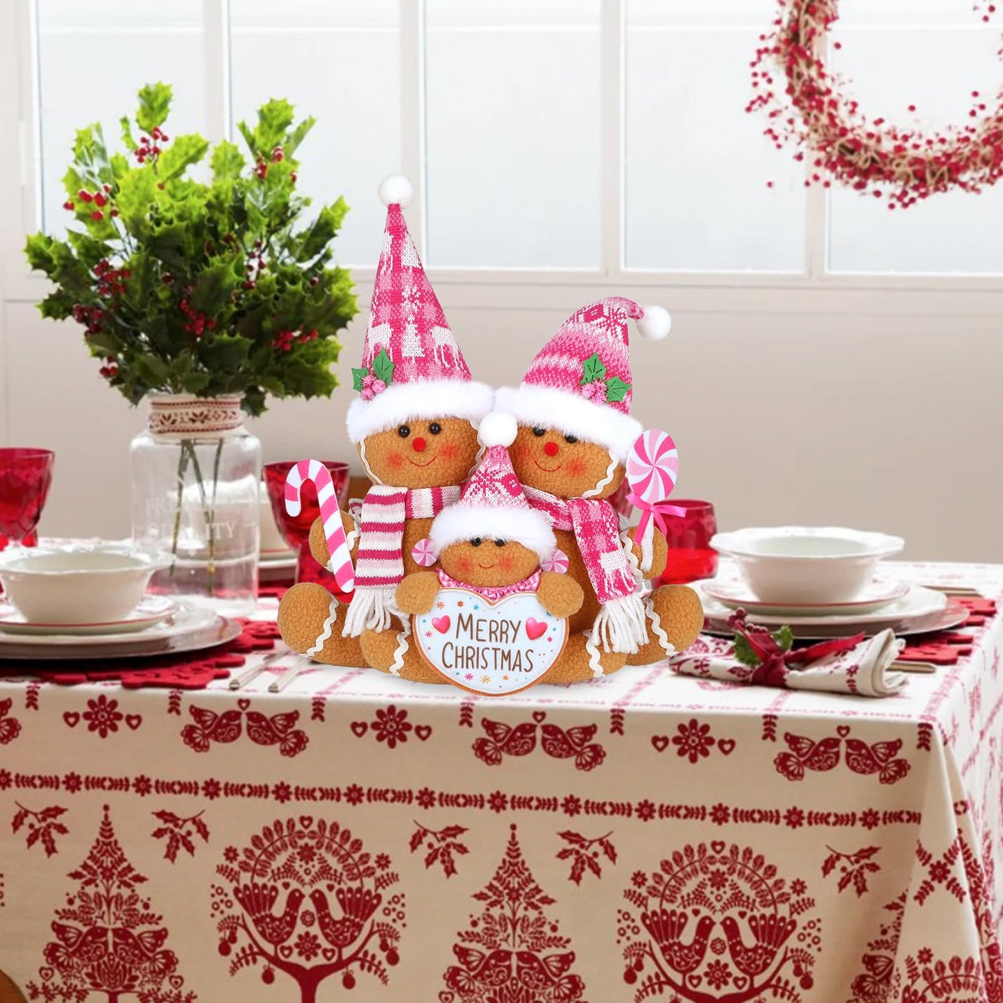 HMASYO Pink Gingerbread Family Christmas Gnome Decoration, 14 Inch Plush Gingerbread Candy Christmas Stuff Figurines for Home Fireplace Window Tabletop Tiered Tray Holiday Xmas Decor (Pink)