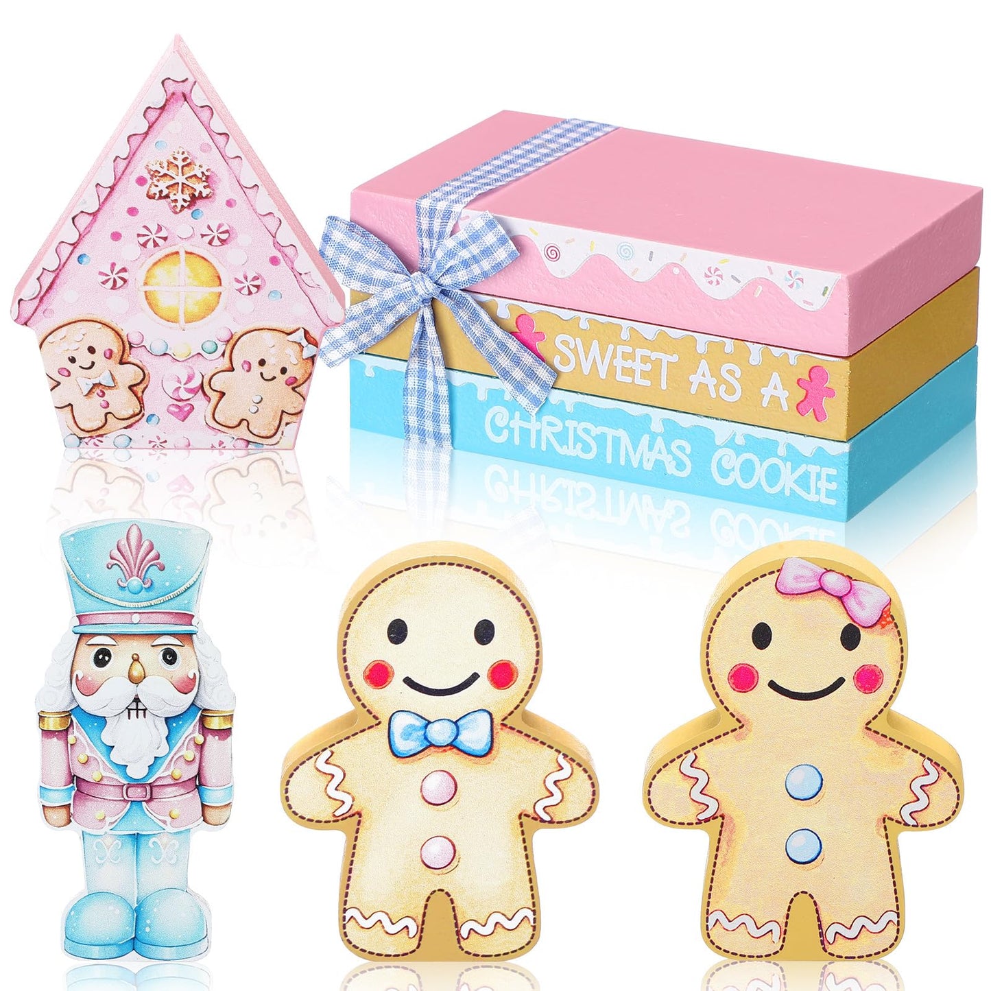 Sivak 6 Pcs Pastel Pink Gingerbread Christmas Decor Gifts, Pastel Pink Christmas Decorations Indoor, Gingerbread House Decorations, Xmas Decor for Farmhouse Home Office Mantel Shelf Table Tiered Tray