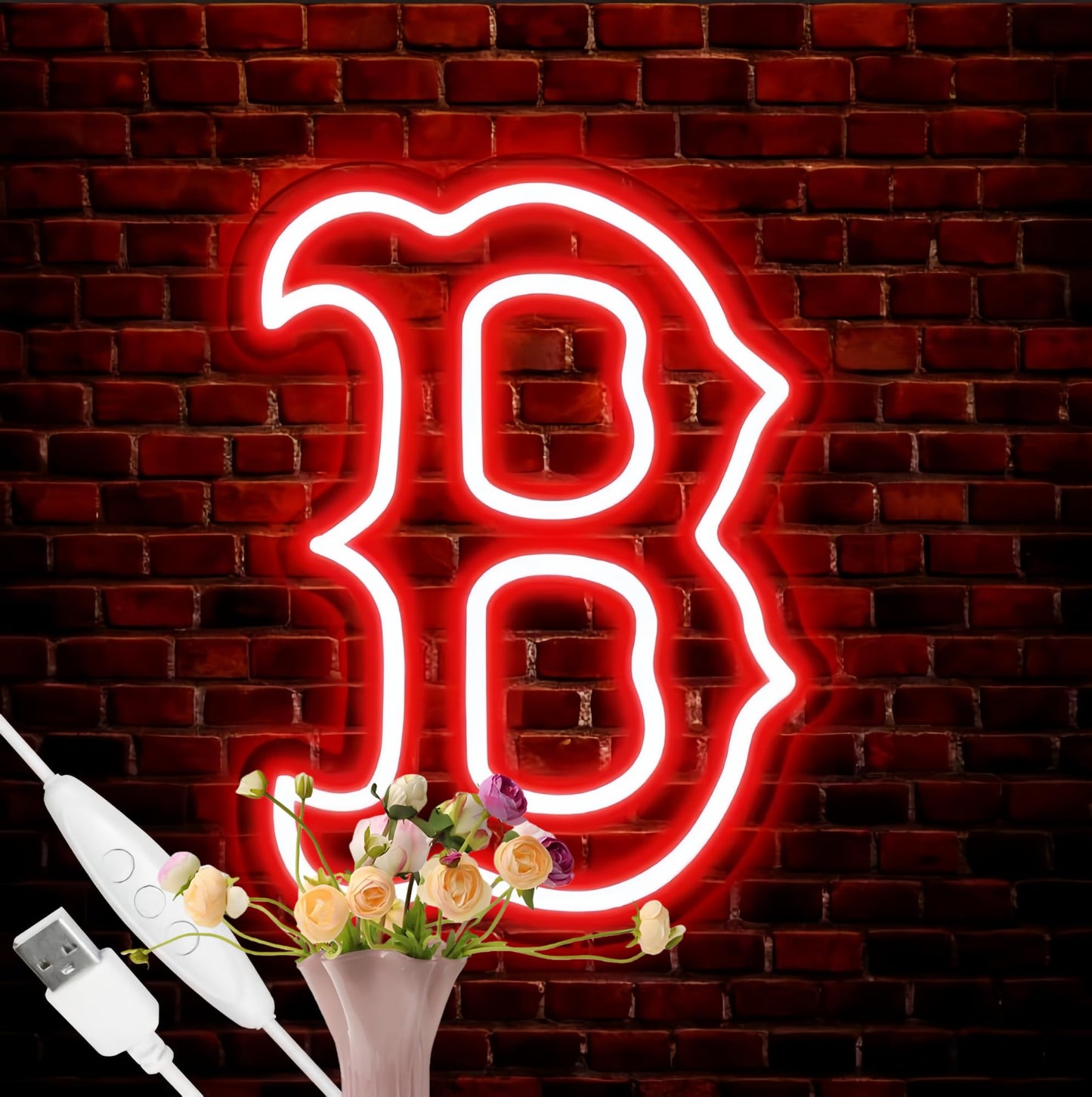 Red Socks Neon Sign, Boston BRS Cool Light Up Dimmable Red BOS Logo Hanging Led Neon Sign for Wall Art Decor, Party, Bar, Man Cave, Garage, Game Room Deco, Baseball Birthday Christmas Gift for Baseball Fans