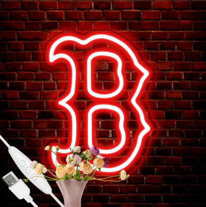 Red Socks Neon Sign, Boston BRS Cool Light Up Dimmable Red BOS Logo Hanging Led Neon Sign for Wall Art Decor, Party, Bar, Man Cave, Garage, Game Room Deco, Baseball Birthday Christmas Gift for Baseball Fans