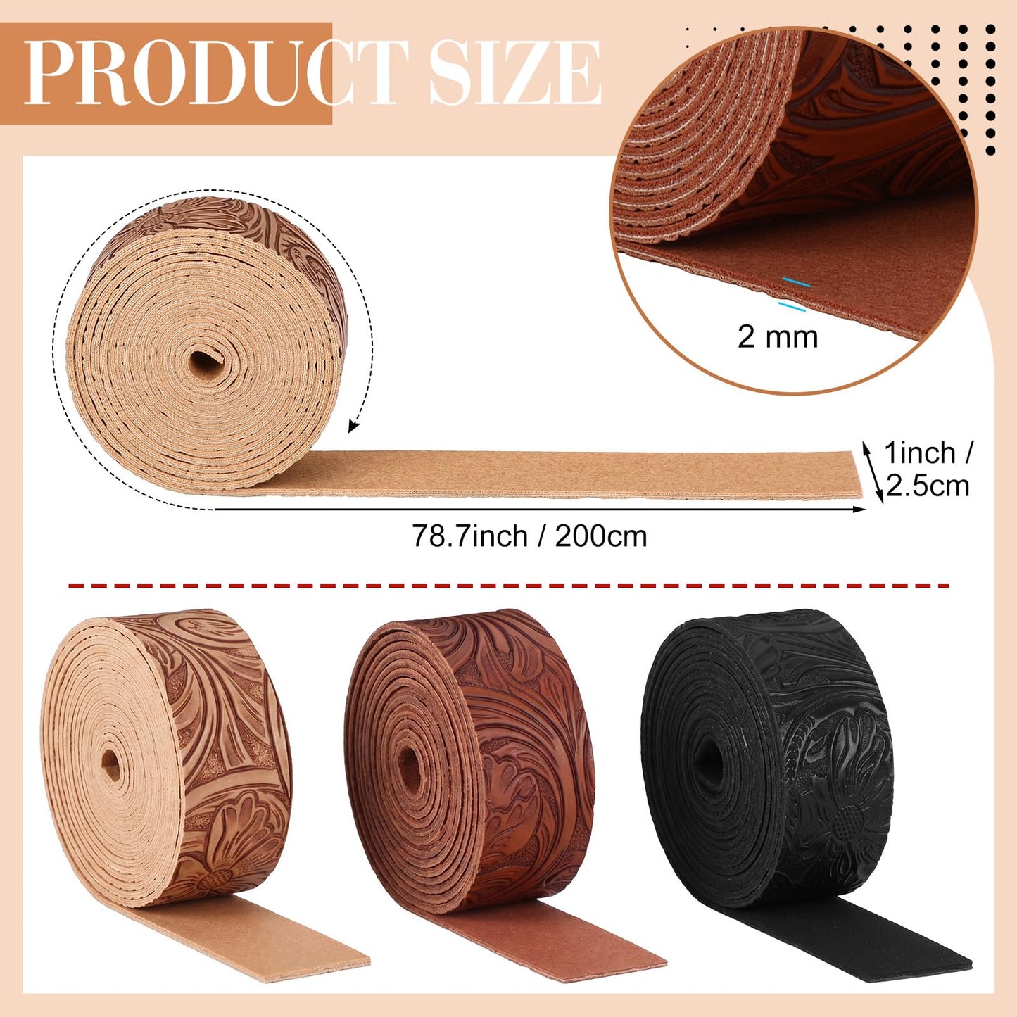 Eccliy 1 Inch 3 Pack Embossed Faux Leather Strips for Crafts 2 mm Thickness 78.7 Inches Long Leather Straps Vintage Western Bump Texture for DIY Belt Tooling Earrings Bows Projects (Earthy)