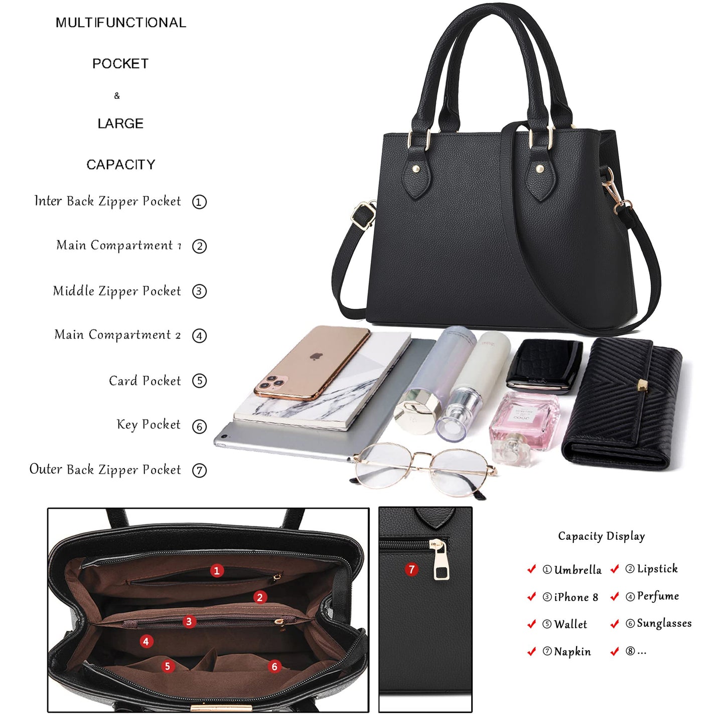 CHICAROUSAL Purses and Handbags for Women Leather Crossbody Bags Women's Tote Shoulder Bag (Black cc)