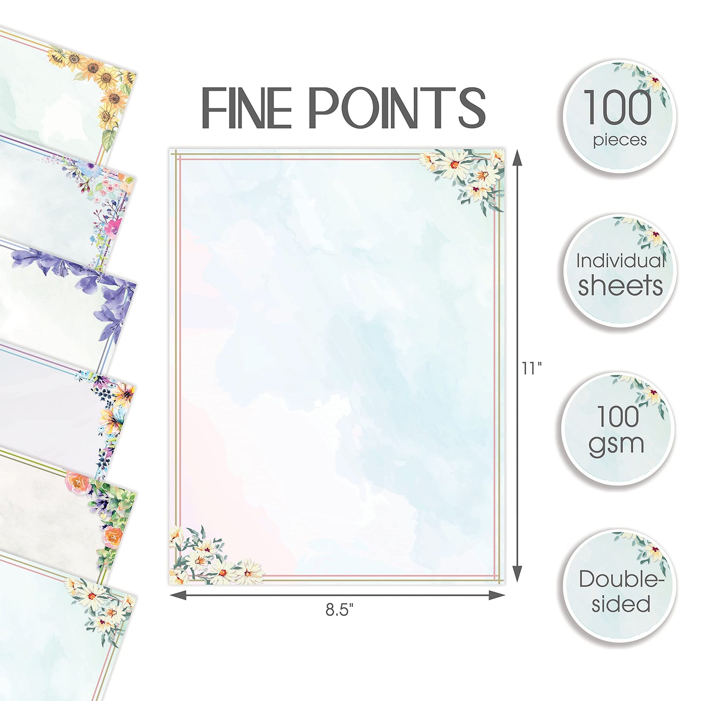 Better Office Products Stationery Paper, 100 Sheets, Floral Letter Writing Stationery, Letter Size 8.5 x 11 inch, 6 Unique Double Sided Designs, 100 Pack
