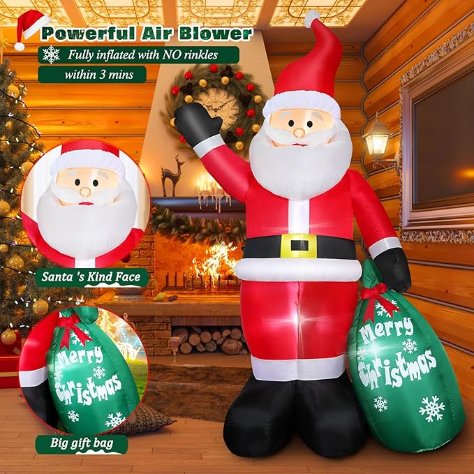 7FT Christmas Inflatable Santa Claus with Gift Bag, Blow up Giant Santa Claus Indoor Decoration, Built-in LED Lights for Lawn Patio Garden Home Display Hall Xmas Holiday Vacation Party Outdoor Decor