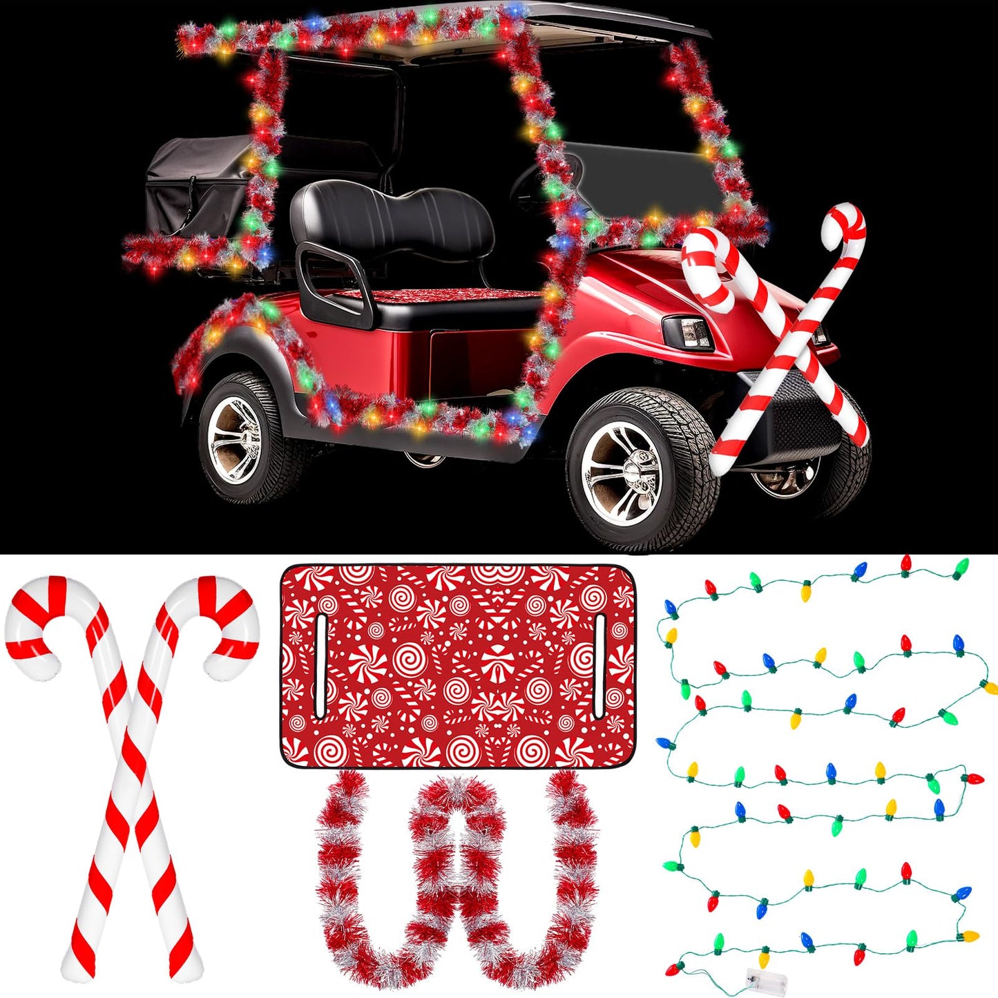 Suncalla 6 Pcs Christmas Golf Cart Decorations Kit Christmas Parade Golf Cart Decor Include Red White Seat Cover Tinsel Garland Candy Canes Balloons and String Lights for Holiday Decoration